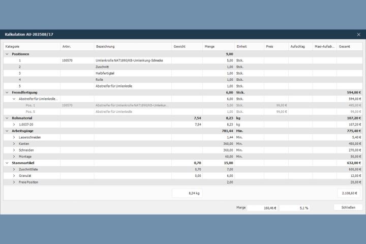 Kalkulationsübersicht über alle Belegpositionen