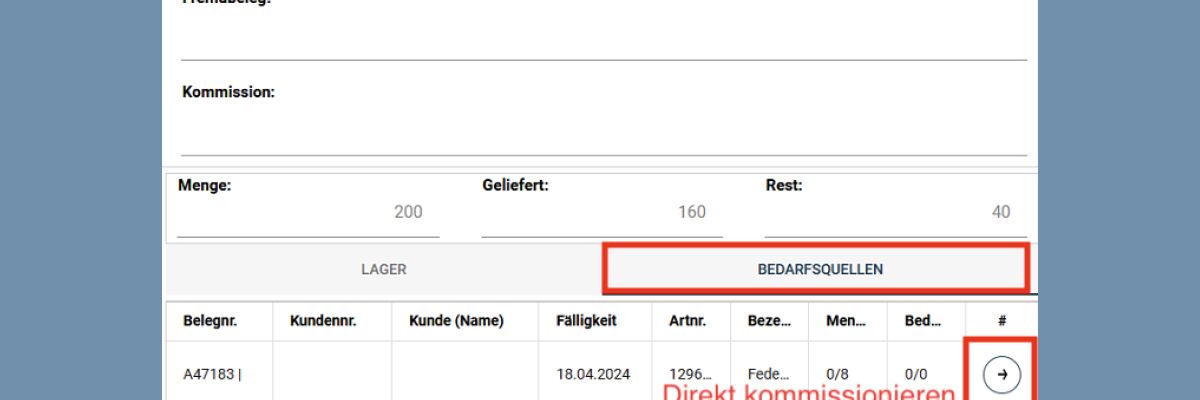 Im Wareneingang Artikel mit einem Klick auf den Auftrag buchen