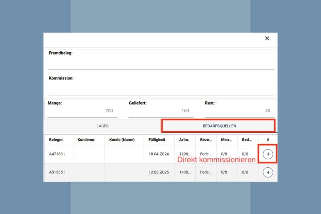 Im Wareneingang Artikel mit einem Klick auf den Auftrag buchen